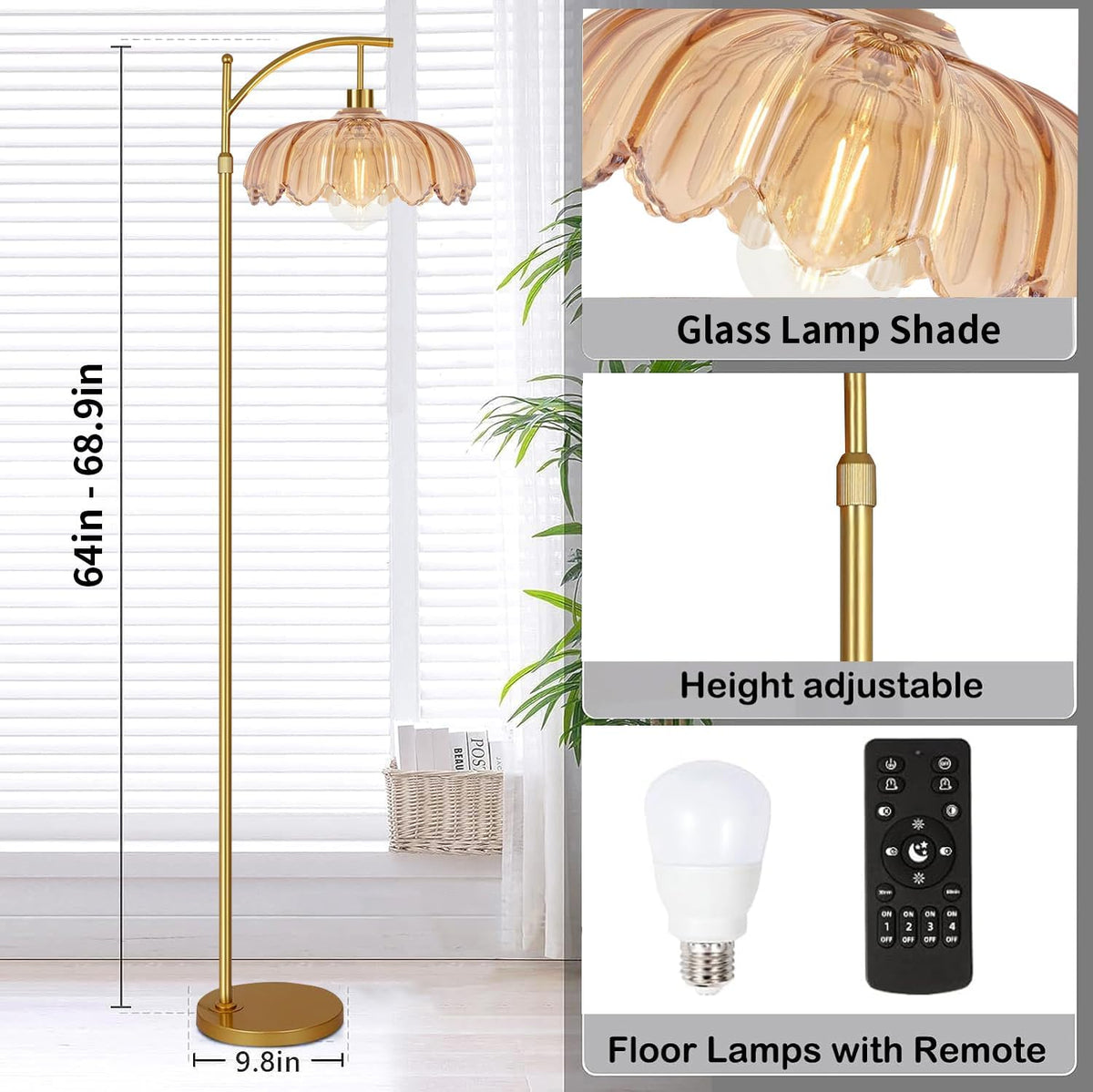 QIYIZM Glass Floor Lamp for Living Room,Bedroom,Gold Dimmable Standing Lamp w...