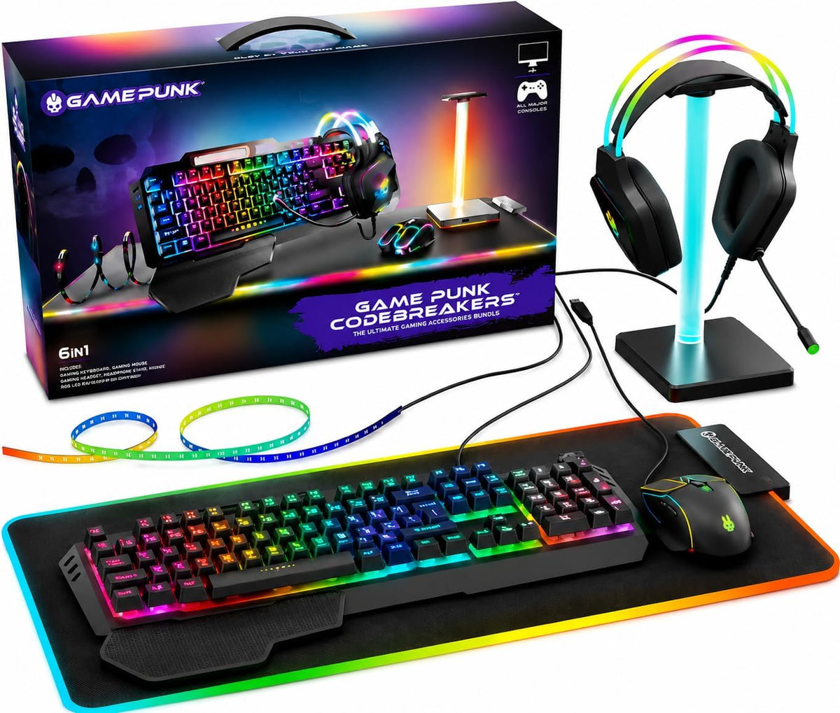 6-PC Wired RGB Mechanical Keyboard, Mouse & Pad, Headset w/Stand Light