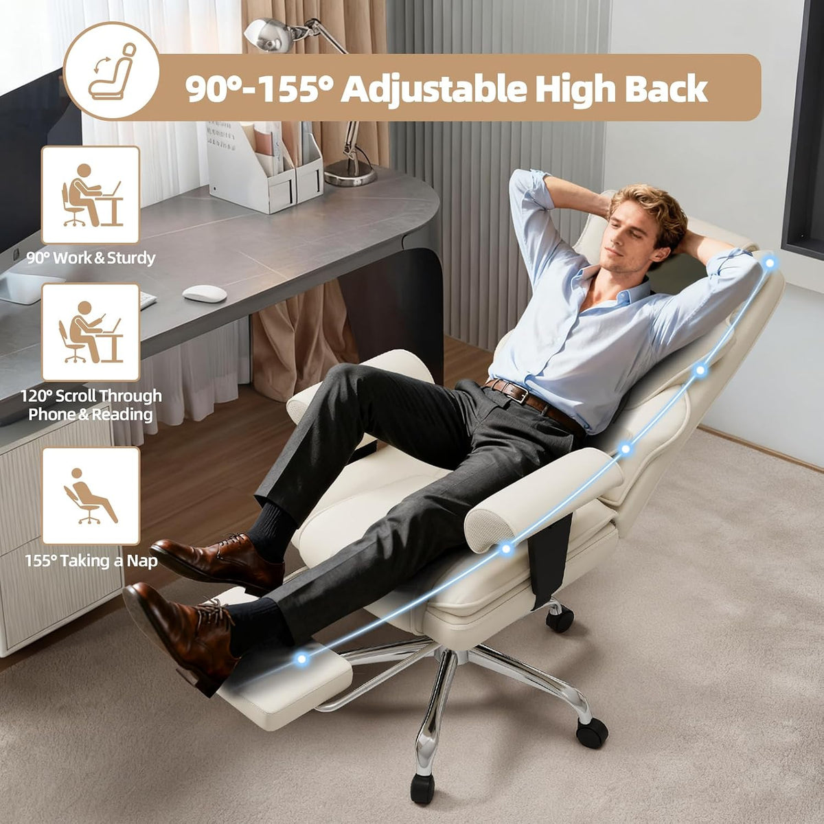 7-Point Massage Heated Executive Office Chair with Footrest, Beige