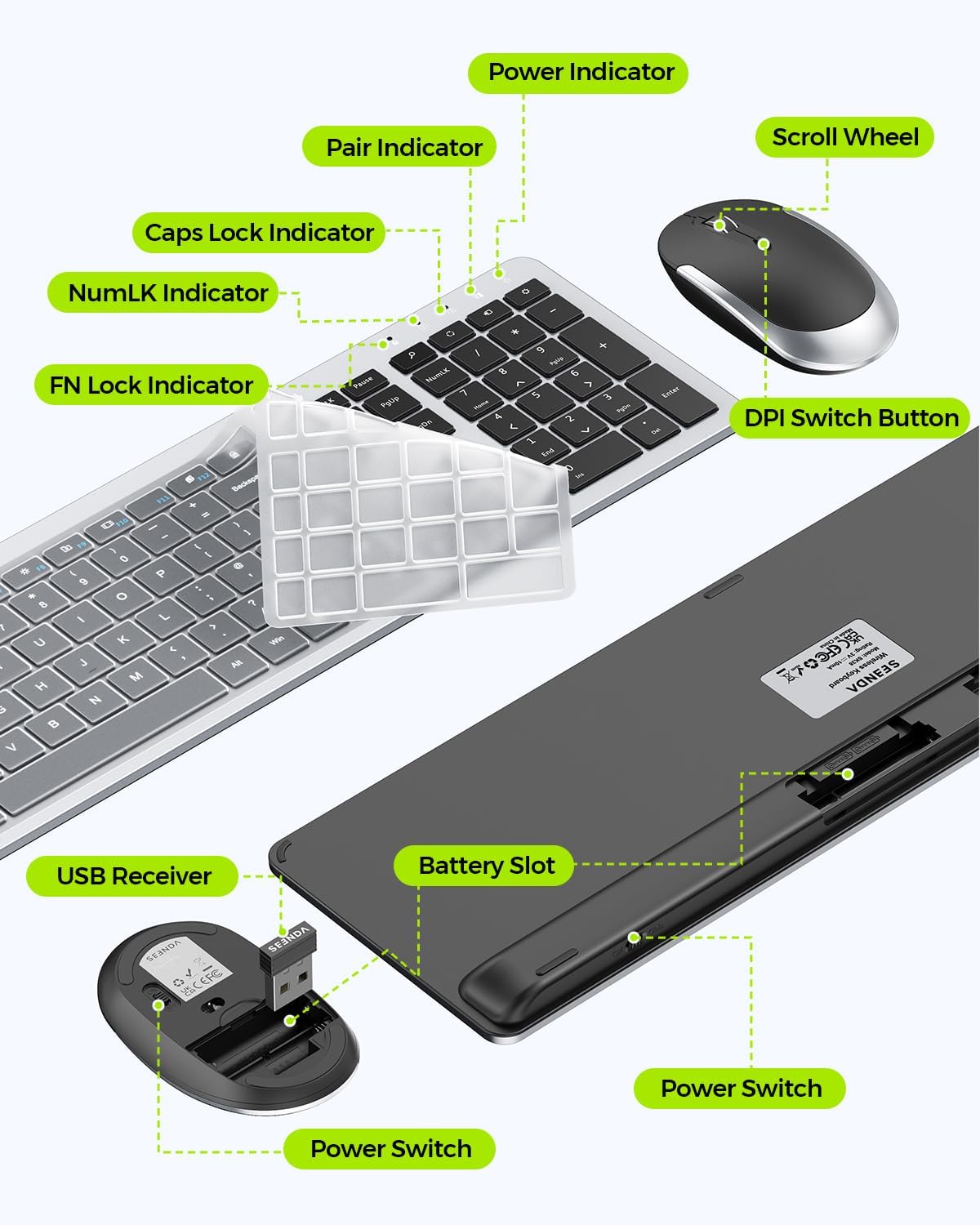 seenda Wireless Keyboard and Mouse Combo, Slim Full-Size Design