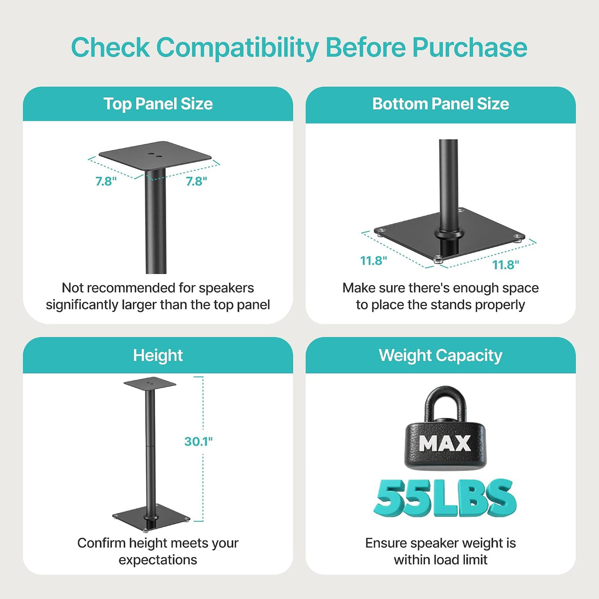 Speaker Stands Pair, 30" Fixed Height, 55lbs Weight Capacity, Glass Base