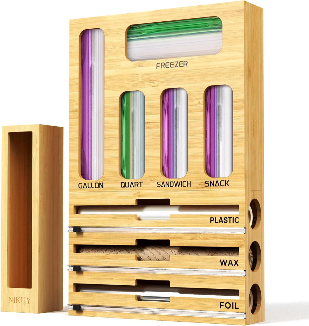 9 IN 1 Bamboo Foil and Plastic Wrap Organizer for Kitchen Drawer, Plastic Bag...