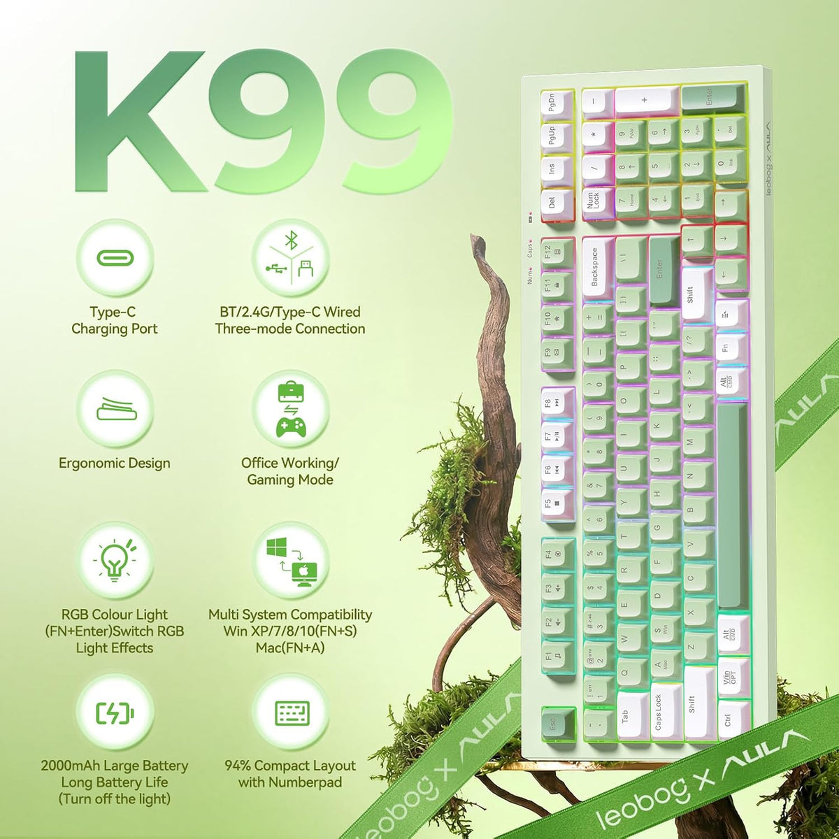 LEOBOG X Aula Wireless Keyboard Green Gaming Keyboard Creamy Silent