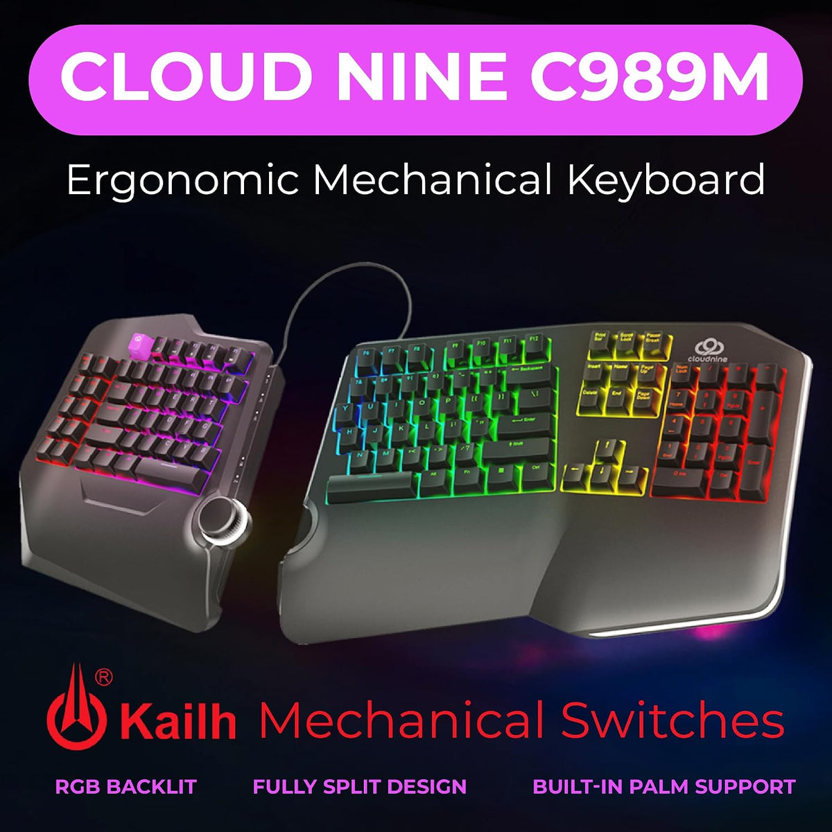 Cloud Nine C989M Ergonomic Mechanical Keyboard for PC - Kailh Tactile Brown S...