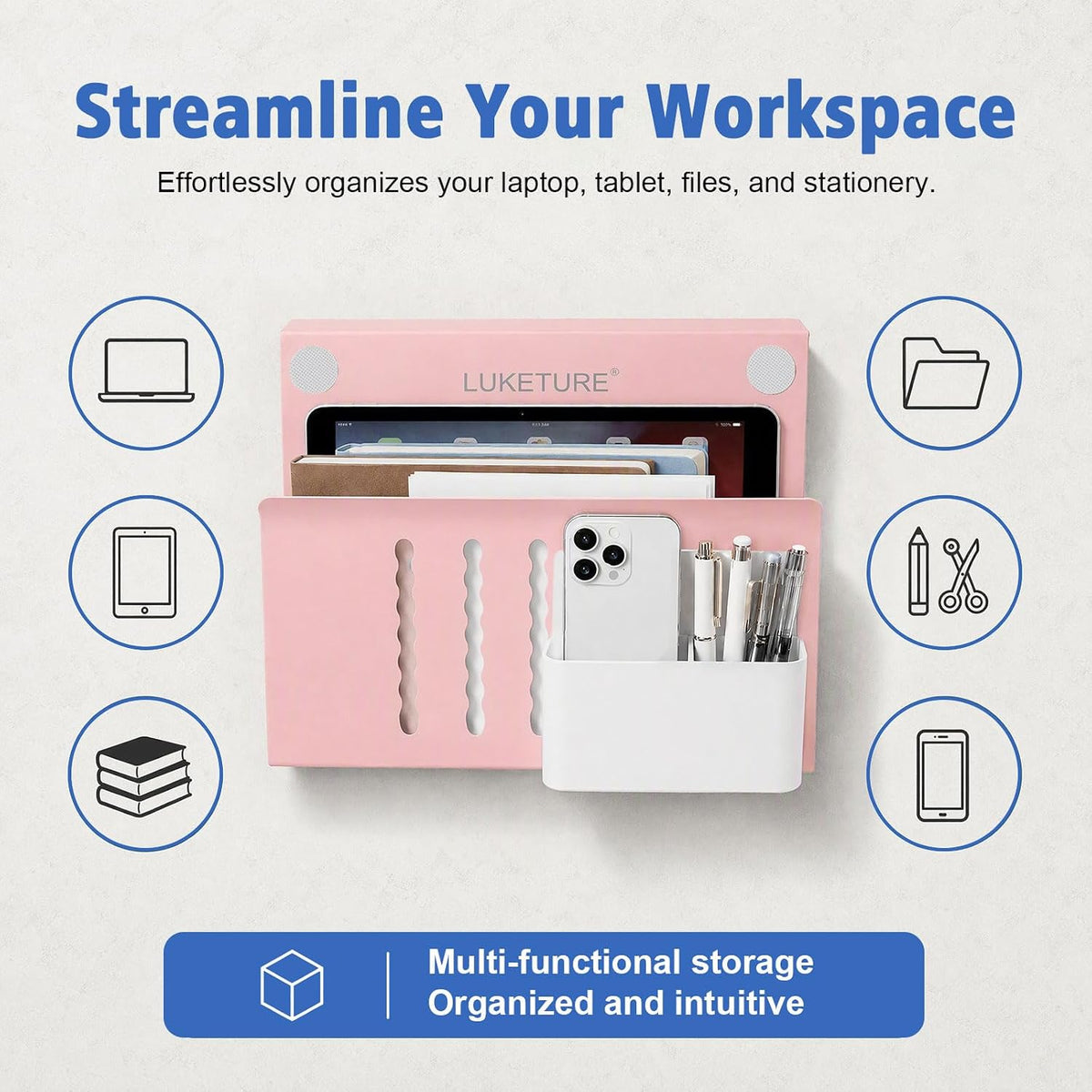 LUKETURE Desk Side Storage, 2 Tie Laptop Holder No Drill Clamp On Organizer
