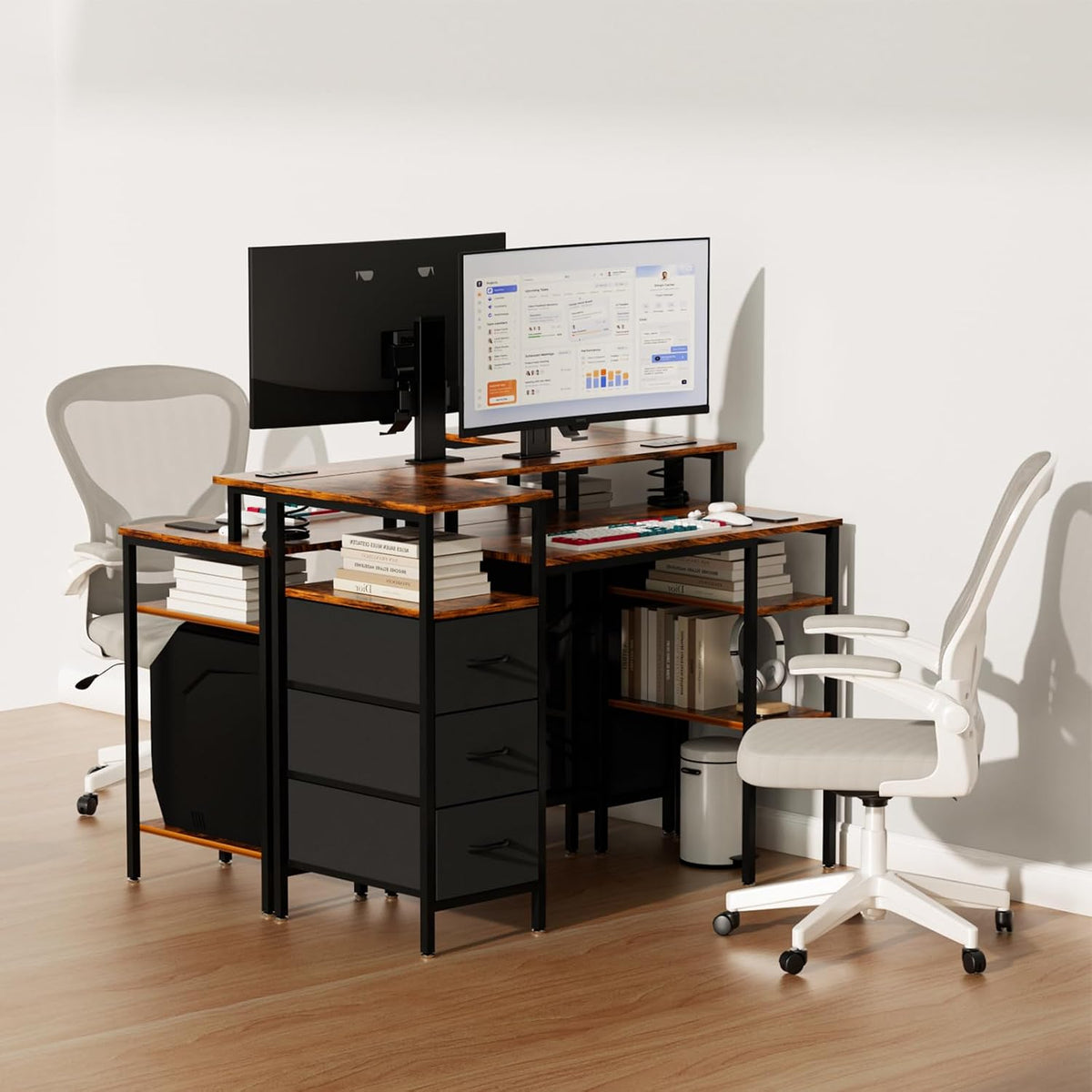 VINGLI 47" L-Shaped Gaming Desk, Fabric Drawers, Storage Shelves