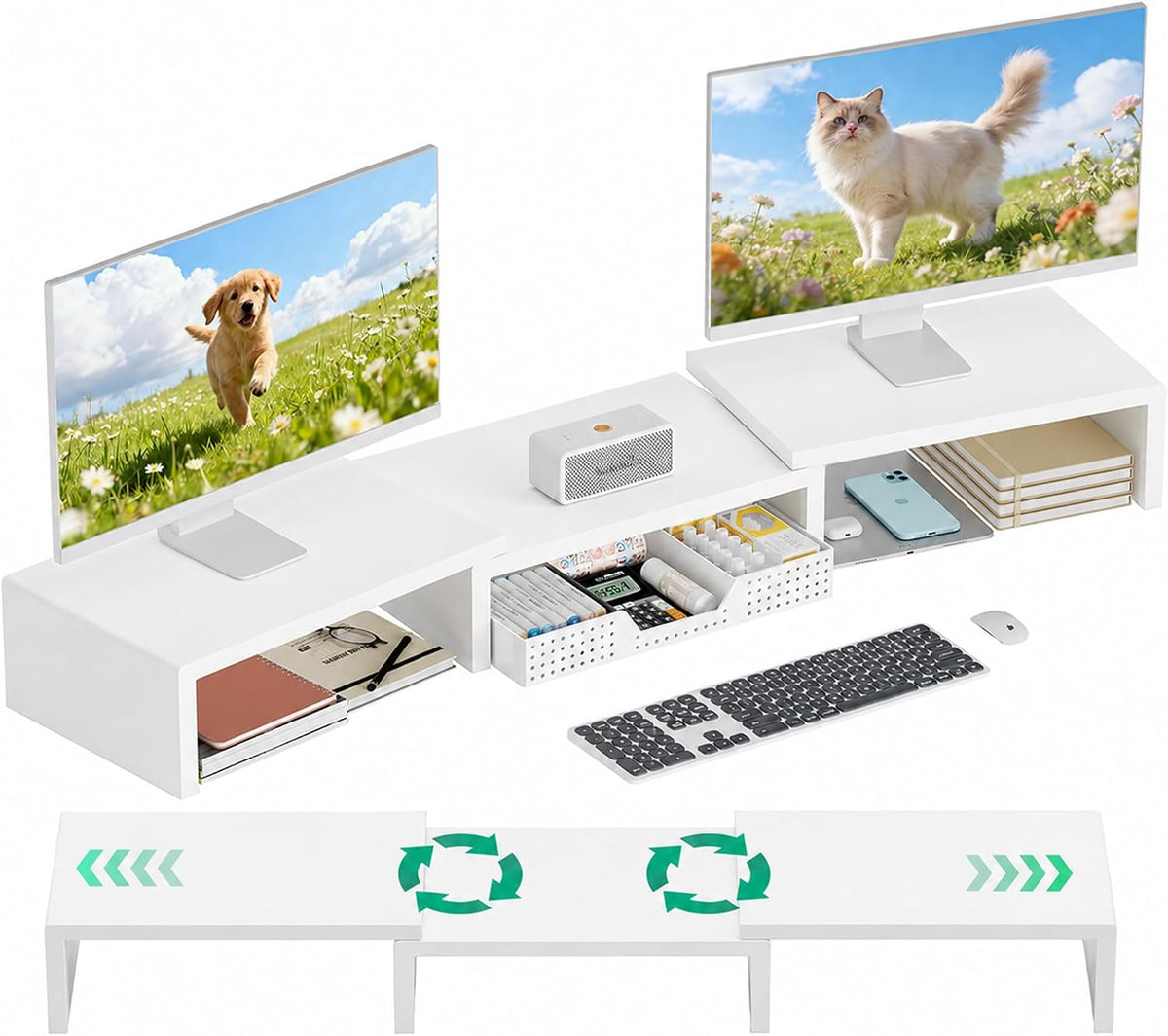 OPNICE Dual Computer Monitor Stand Riser, Desk Organizer with Drawer, Office ...