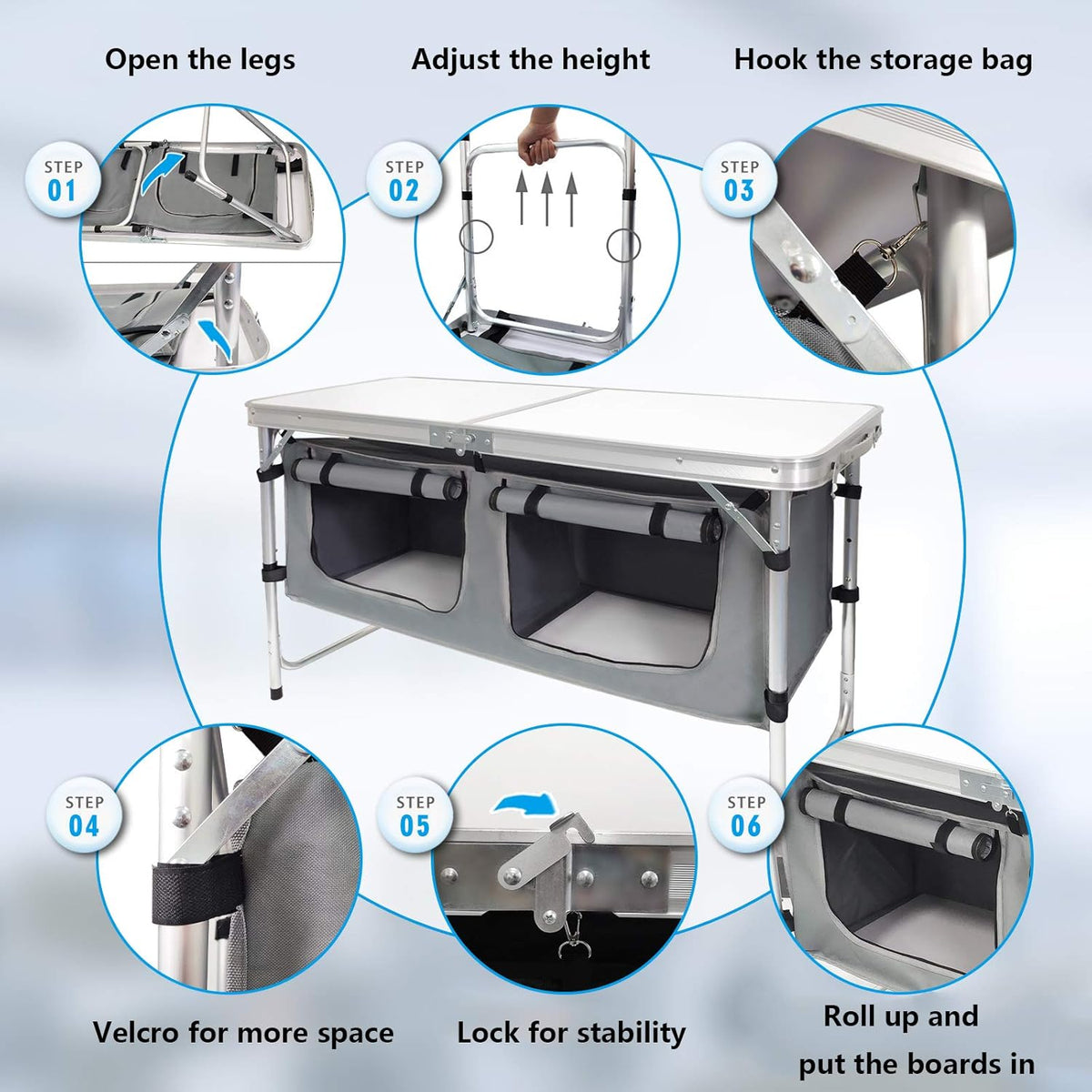 CampLand Outdoor Folding Table Aluminum Lightweight Height Adjustable with St...