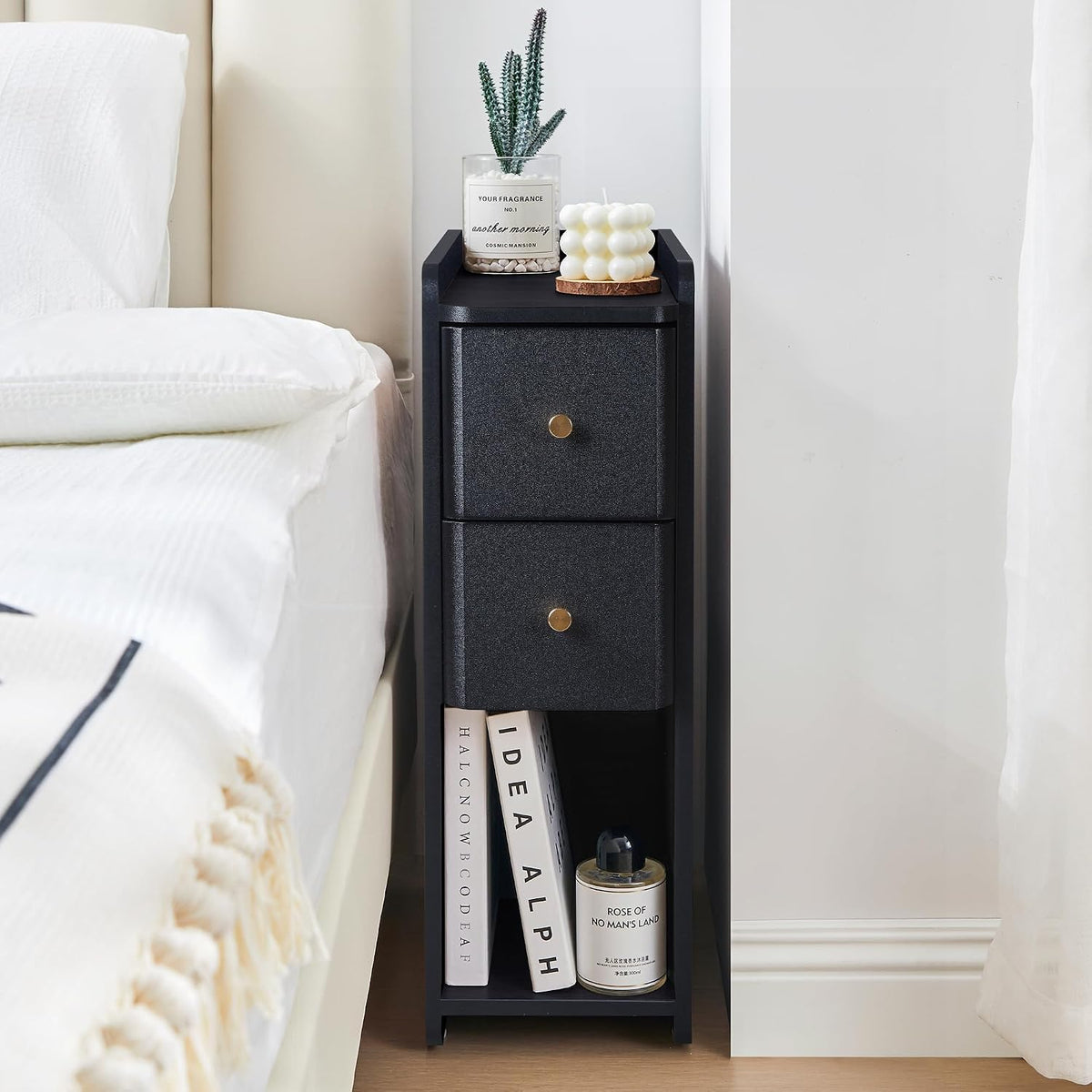 FurSch Narrow Nightstand, Wooden 2 Drawer, Slim Side End Table, Black, 1 pc