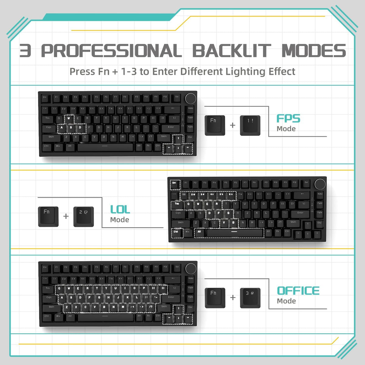 AJAZZ AK820 Mechanical Gaming Keyboard 75% Wired TKL Hot Swappable-Black