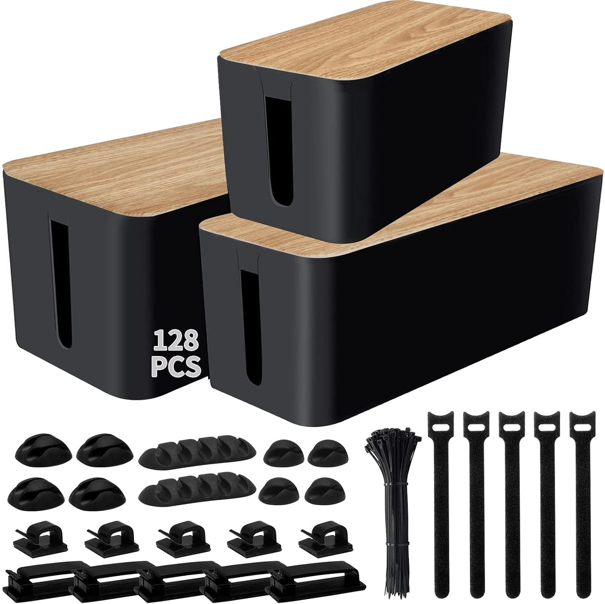 128PCS Cable Management Box 3Pack Cable Management Kit for Power Strip to Hid...