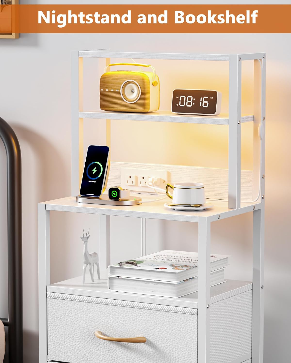 Furnulem Tall Night Stand, White Bedside Nightstand with Charger Station