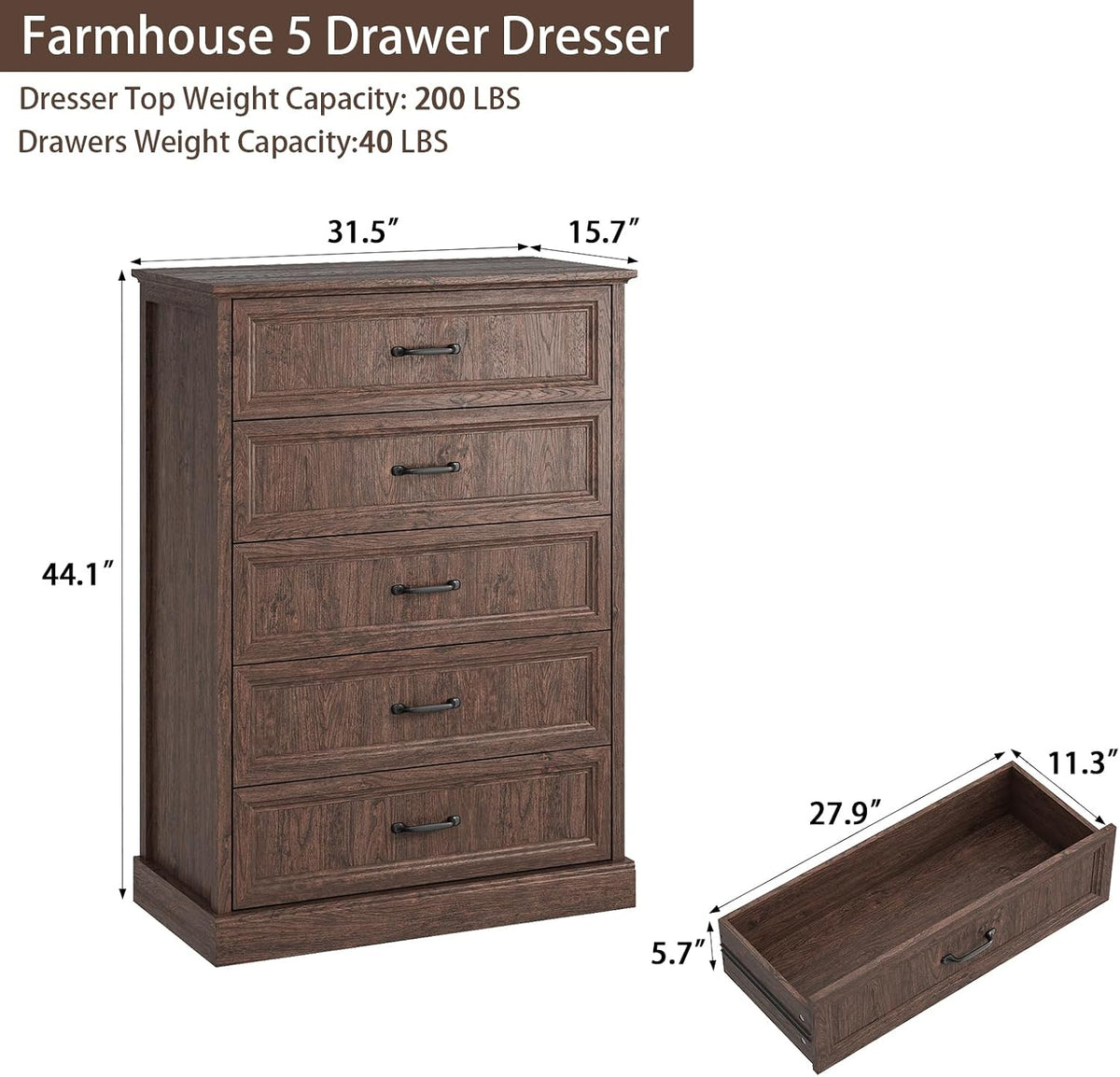 CARPETNAL Farmhouse 5 Drawer Dresser for Bedroom, 44" Tall Brown Dresser.