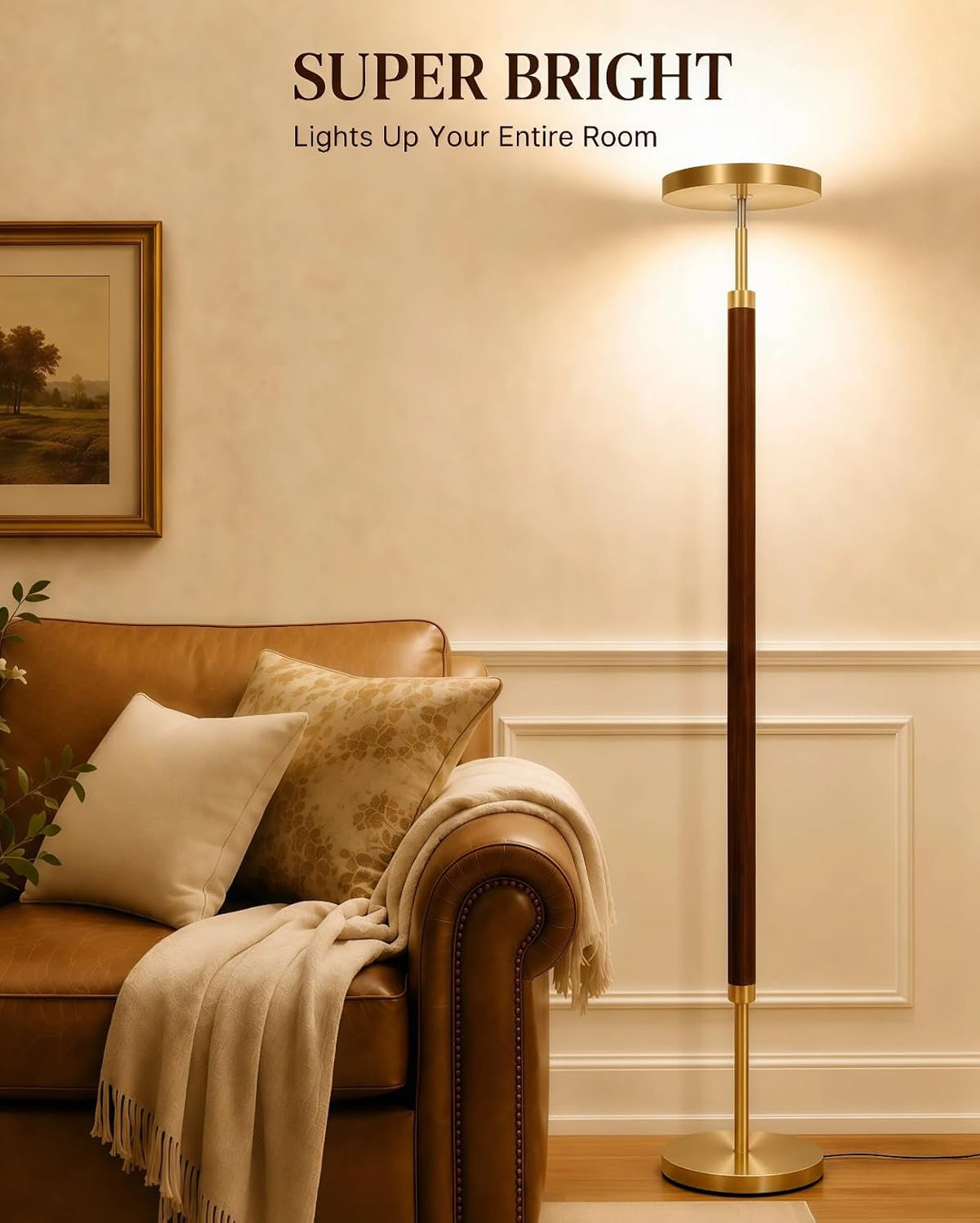 JOOFO Wood LED Torchiere Floor Lamp with Remote, 3000LM Dimmable