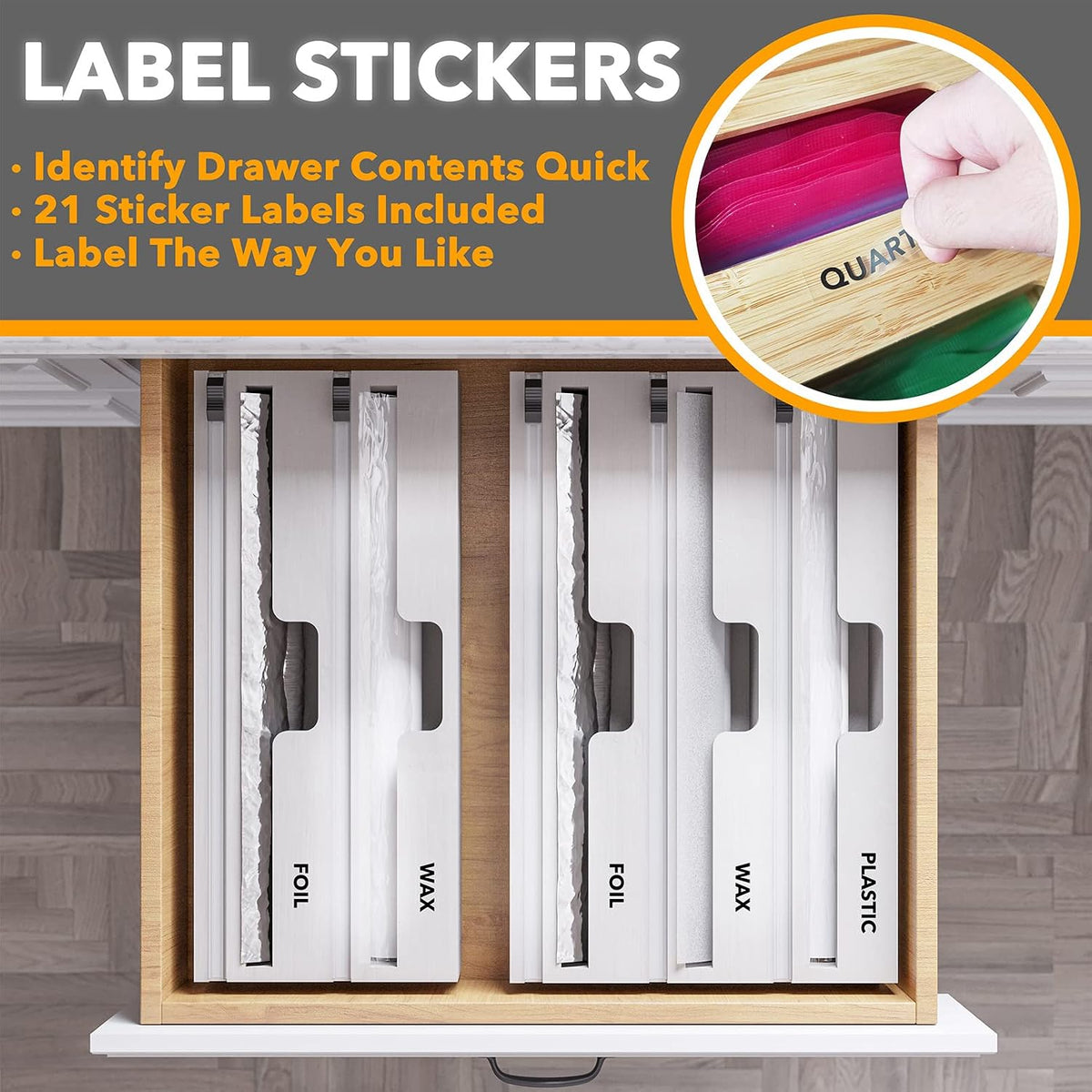 SpaceAid WrapNeat 3 in 1 Wrap Organizer with Cutter and Labels, Plastic Wrap,...