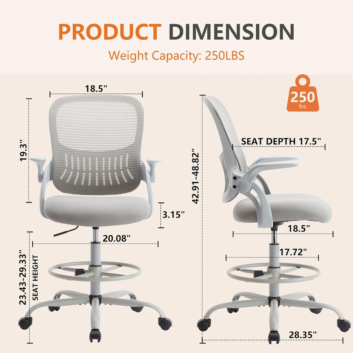 Sweetcrispy Tall Drafting Office Desk Chair - Ergonomic High Stool Computer C...