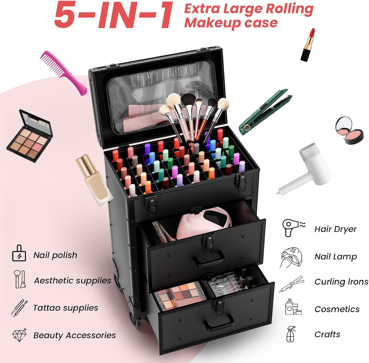 3 in 1 Rolling Makeup Train Cosmetology Case on Wheel, Medium