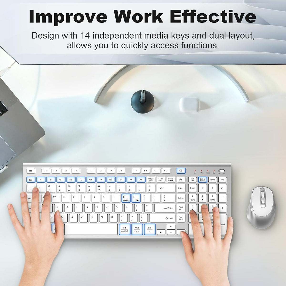 FENIFOX Rechargeable Wireless Keyboard and Mouse, with Number Pad Silver