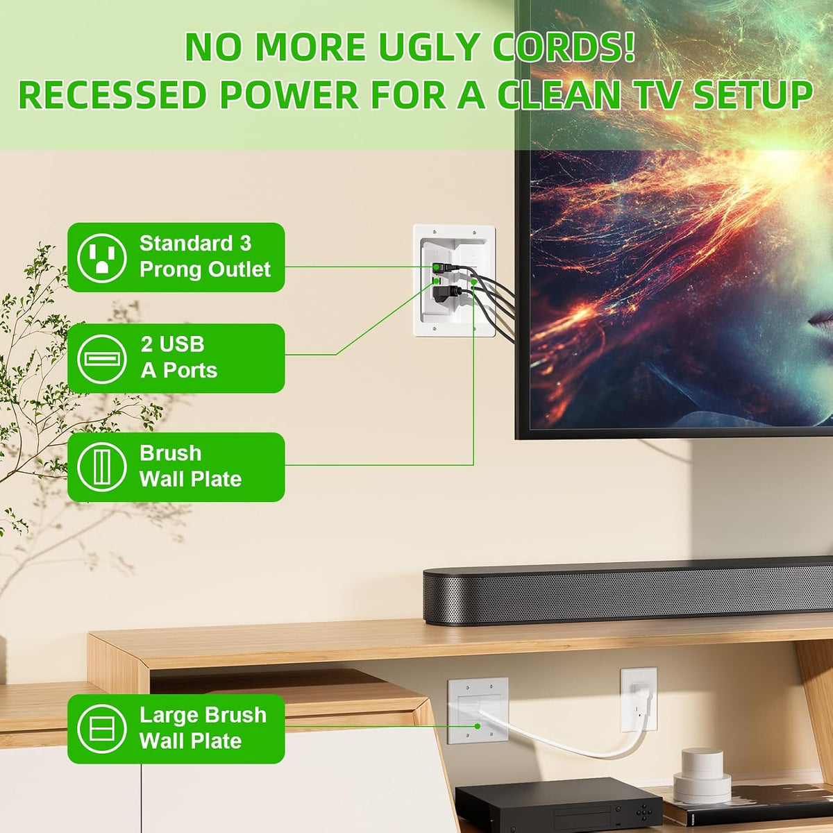 in Wall Cable Management Kit with Brush Wall Plate,AC Outlets & USB-a Por...