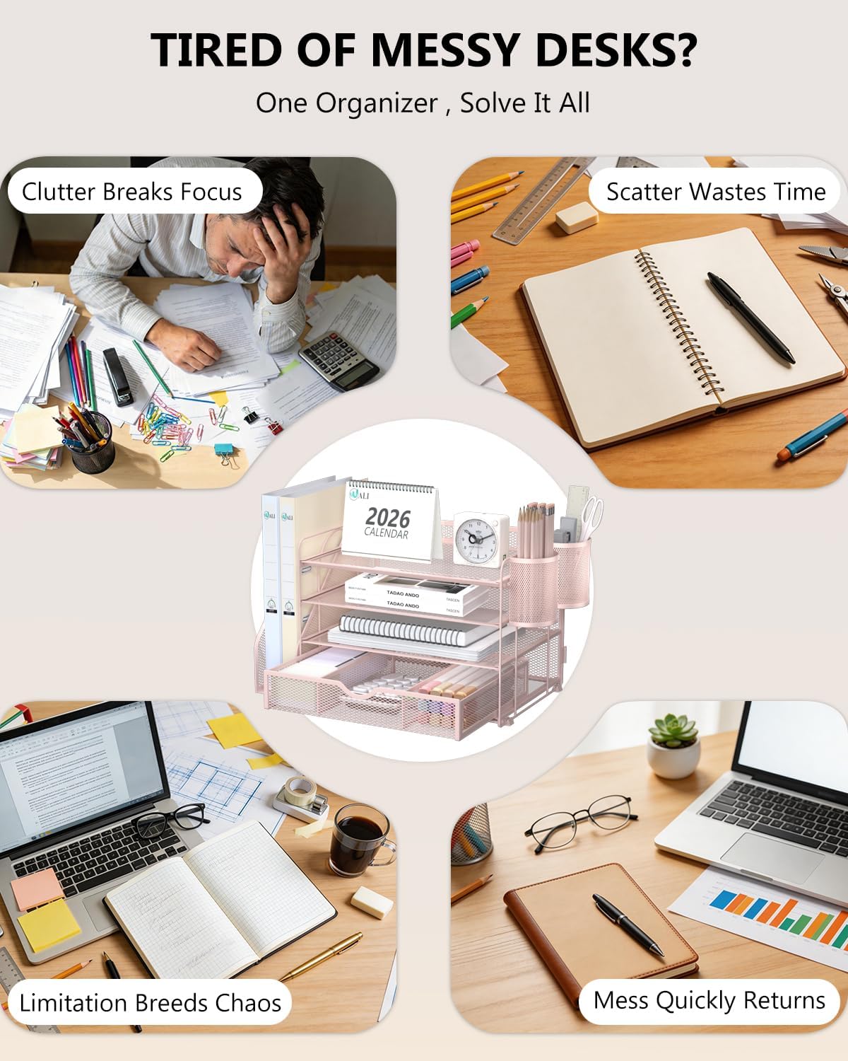 WALI Desk File Organizer, 4 Tier Desktop Paper Letter Tray Organizer with Dra...