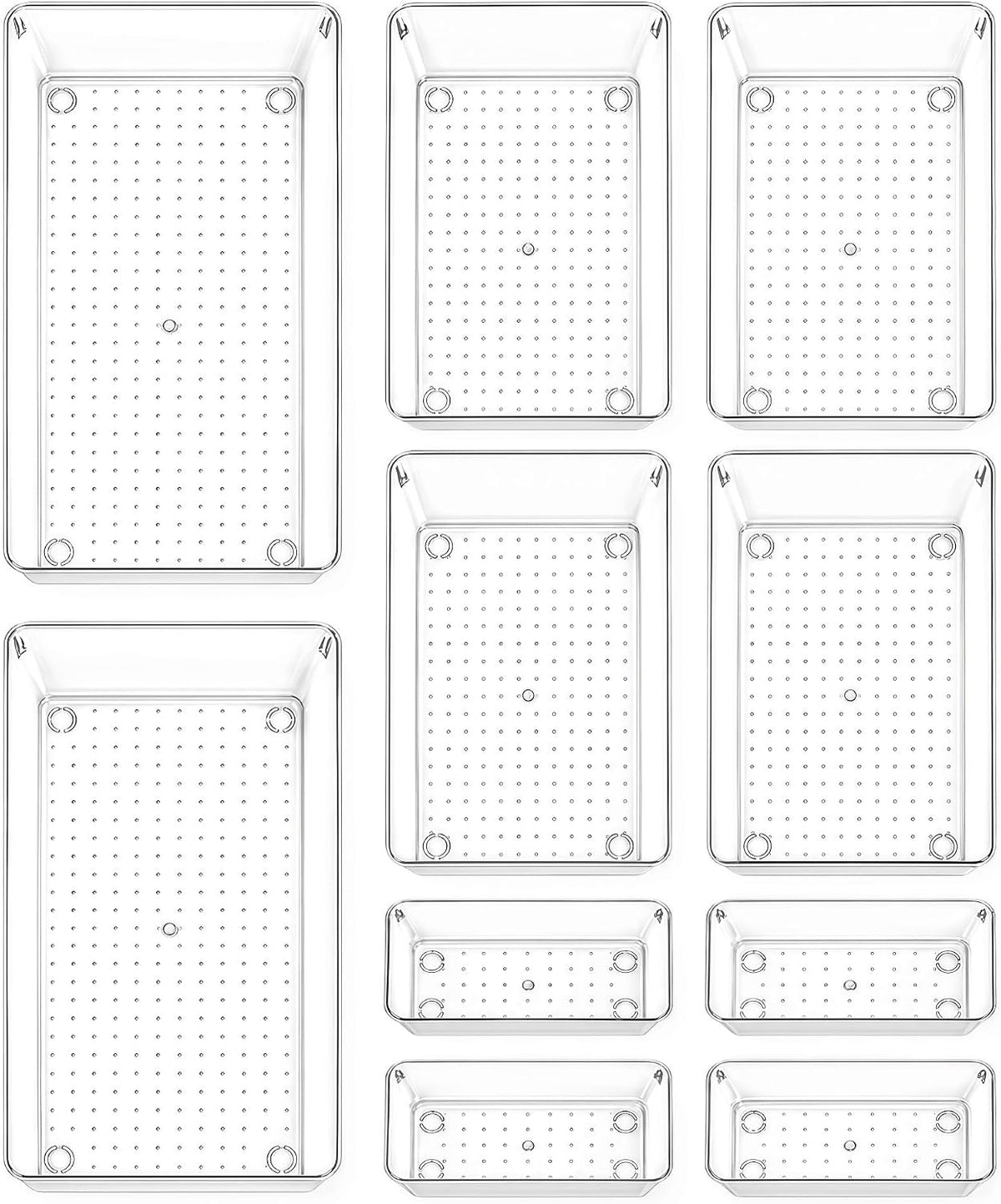 10 Pack Large Clear Drawer Organizer Trays, 3 Sizes, Non-Slip