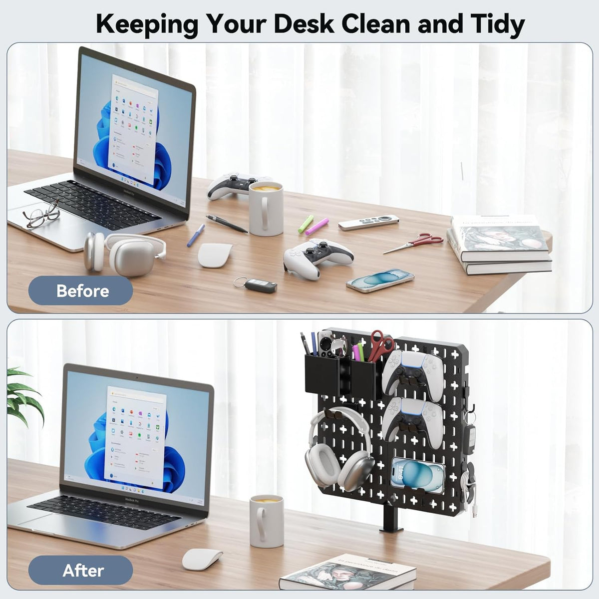 KDD 7 in 1 Clamp-on Desk Pegboard - No Drill Desk Side Storage with Phone Sta...