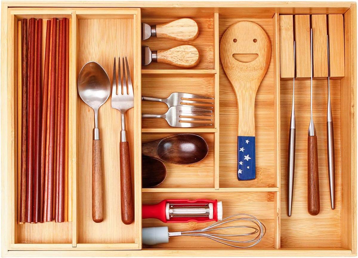 COIWAI Two tier Bamboo kitchen Drawer Organizer Cutlery Utensil Silverware Or...
