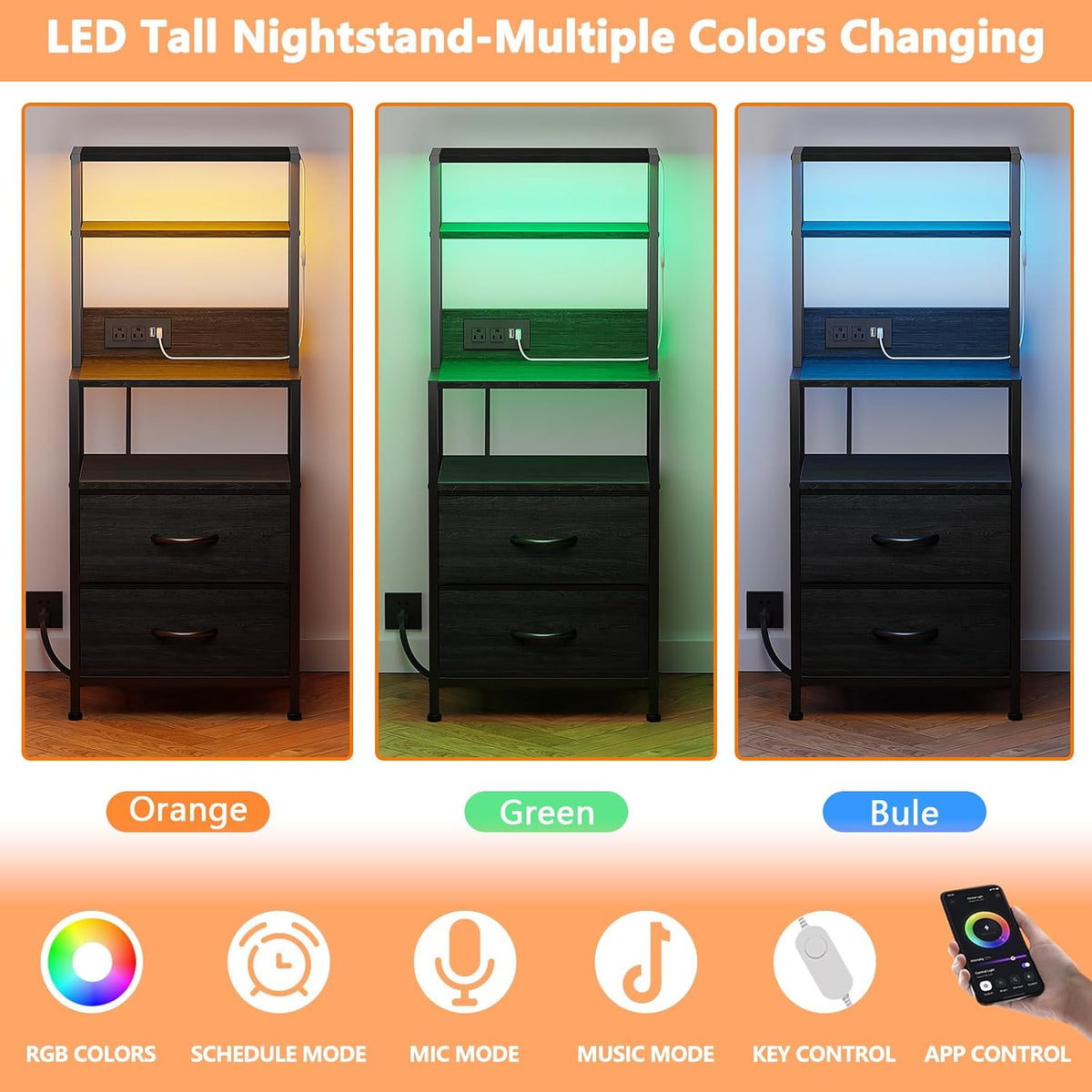 Furnulem Night Stand, Tall Nightstand with 4-Tier Shelves, 2 Fabric Drawers