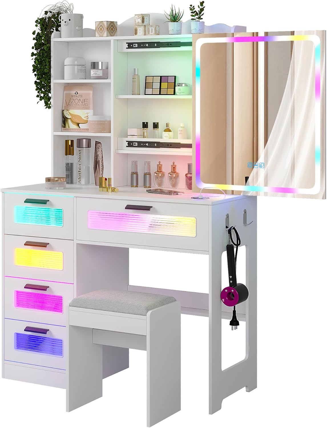 HNEBC Makeup Vanity Desk with Sliding Lighted LED Mirror&USB Port,White
