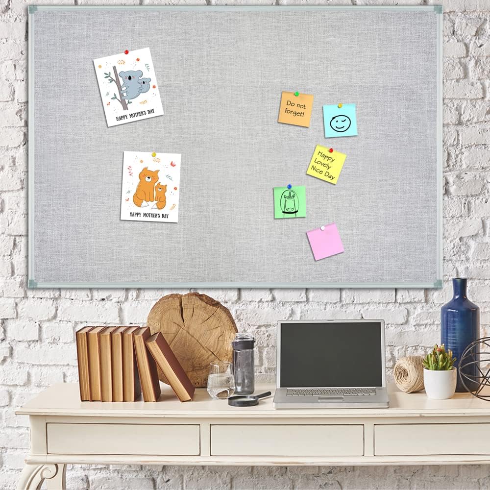 Lockways 36" x 24" Cork Bulletin Board, Grey Frame Linen Fabric Pin...