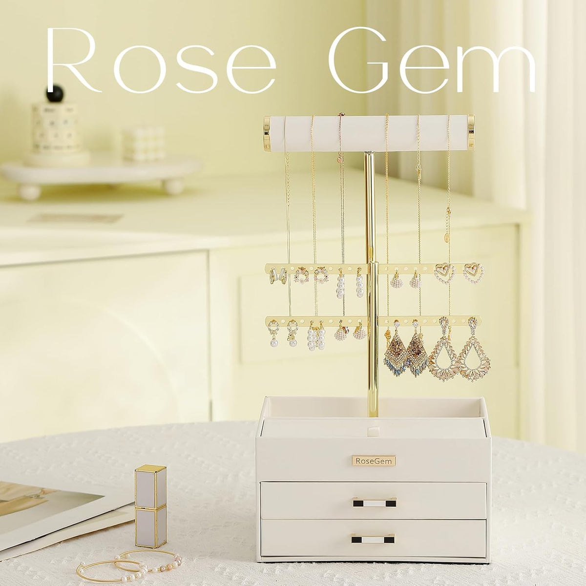 2 Tier Jewelry Stand with Bottom Drawer, Leather Jewelry Holder Display for W...