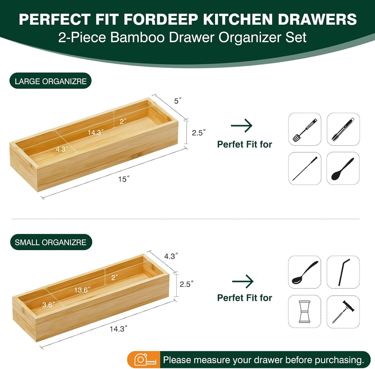 Bamboo Kitchen Drawer Organizer, Set of 2, Nested, 15" x 5" x 2.5&q...
