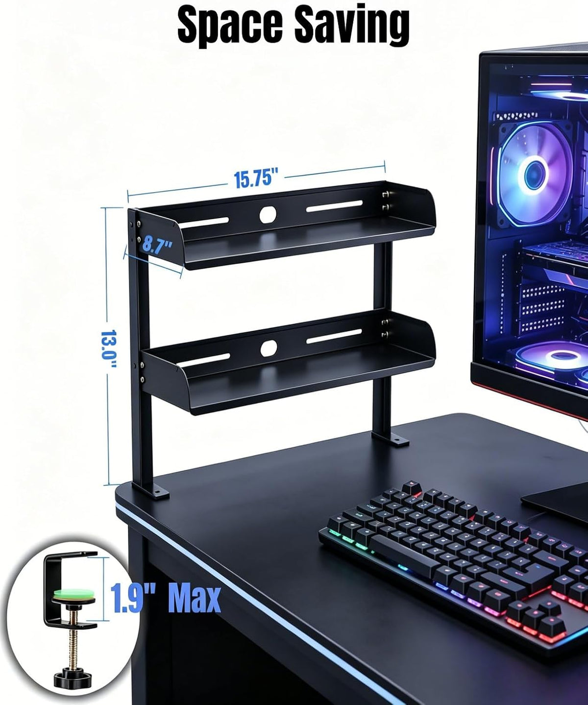 Yuxh Clamp on Desk Shelf 2‑Tier, Black, Large