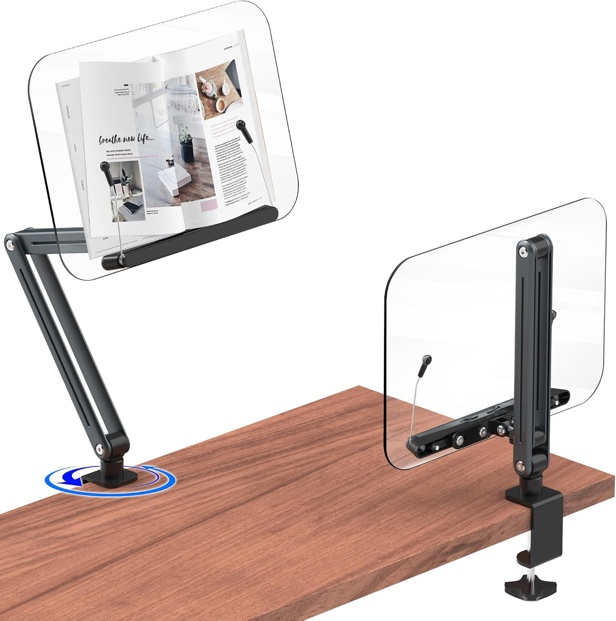 Desk Clamp Acrylic Book Stand for Reading, Ergonomic Design Adjustable Height...