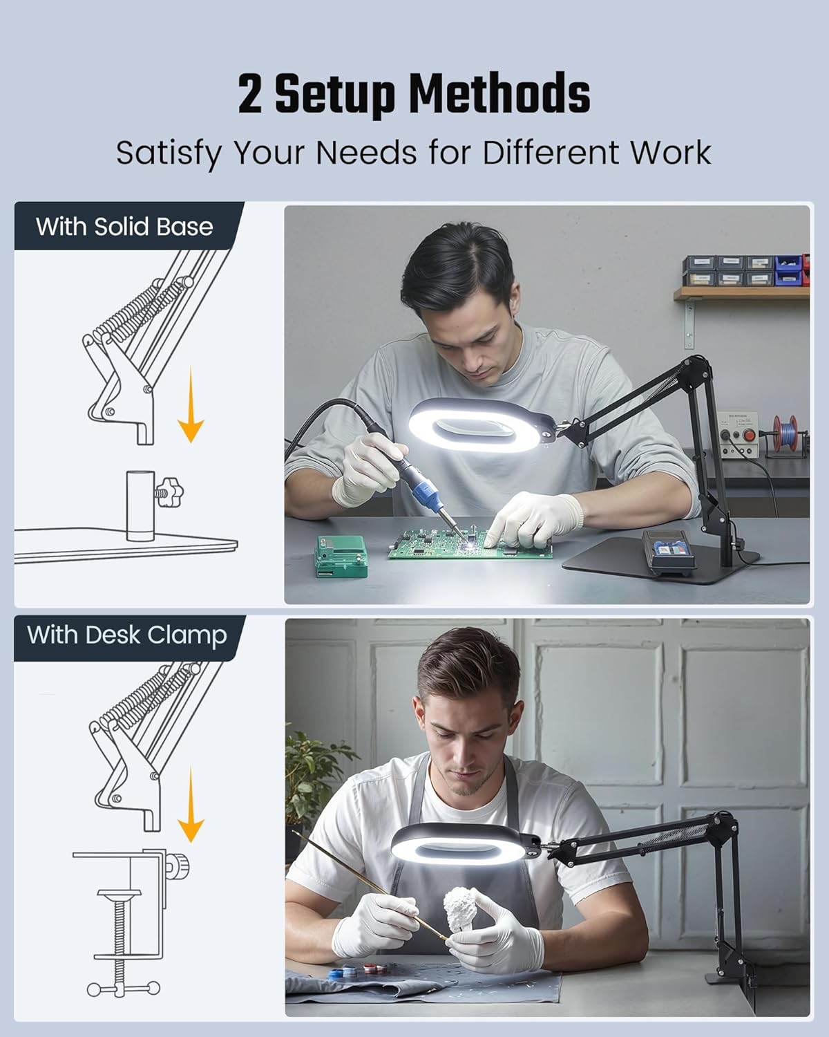 Square Magnifying Desk Lamp, Magnifying Glass with Light and Stand