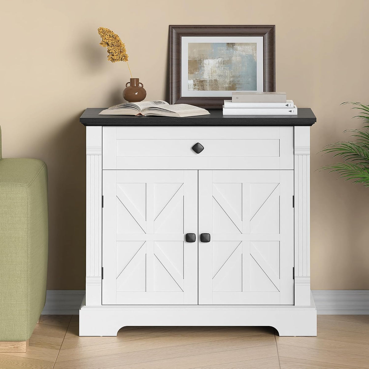 Bigbiglife Farmhouse Printer Stand, 29.9" Wide, Black Top & White Fi...