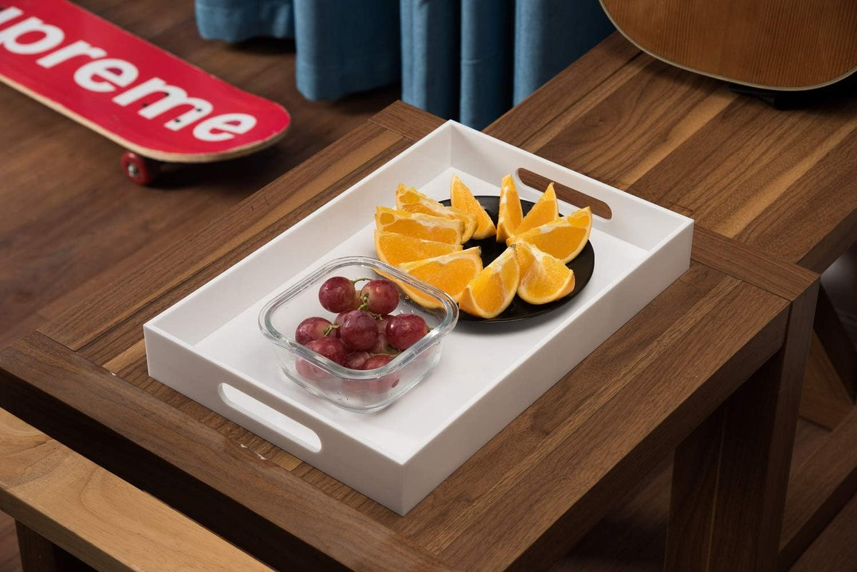 KEVLANG Glossy White Sturdy Acrylic Serving Tray with Handles-10x15Inch-Servi...