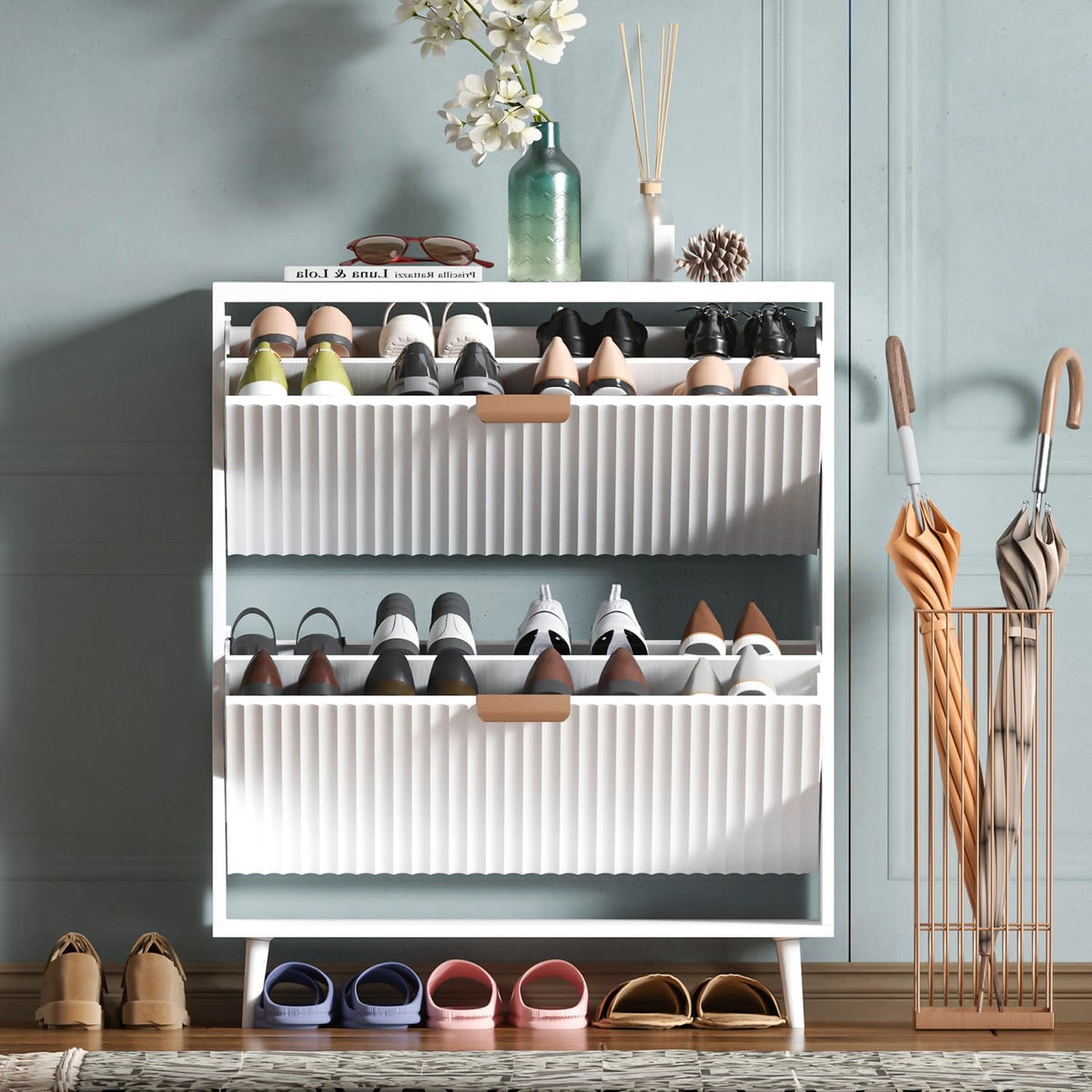 Shoe Cabinet Storage,Modern Freestanding Organizer with 2 Flip Drawers,Narrow...
