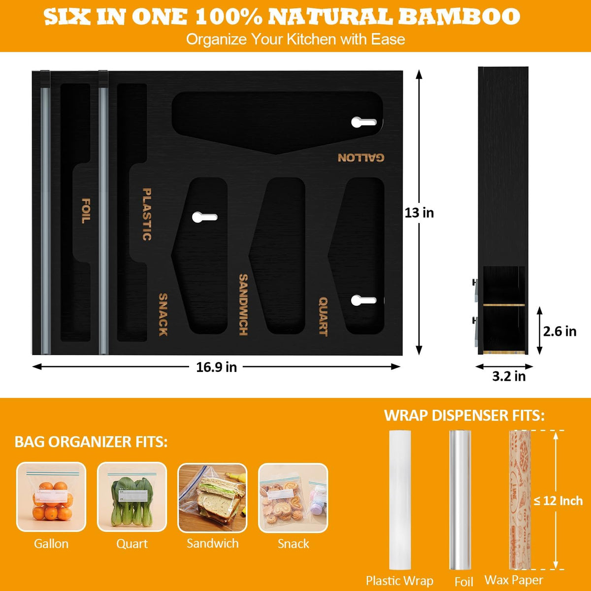 DALSHABET 6 in 1 Bamboo Bag Organizer with Foil and Wrap Dispenser, Black