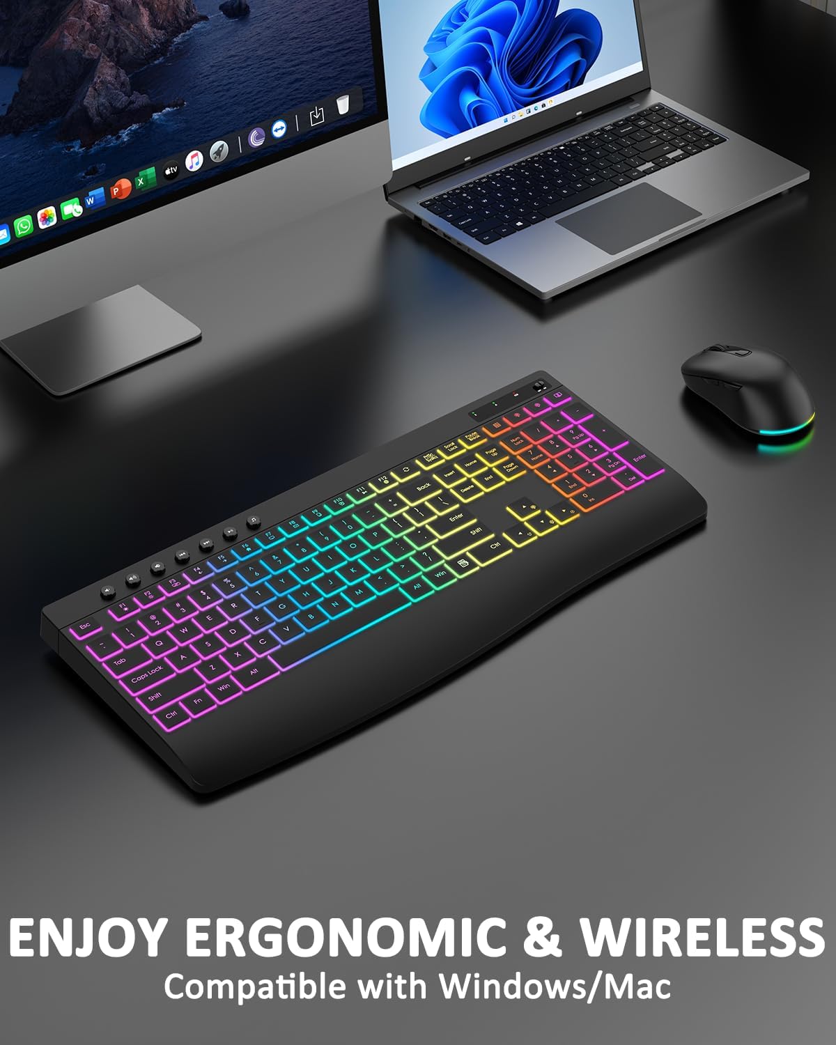 Wireless Keyboard and Mouse Combo, 9 Backlit Effects, 4000mAh Rechargeable Ba...
