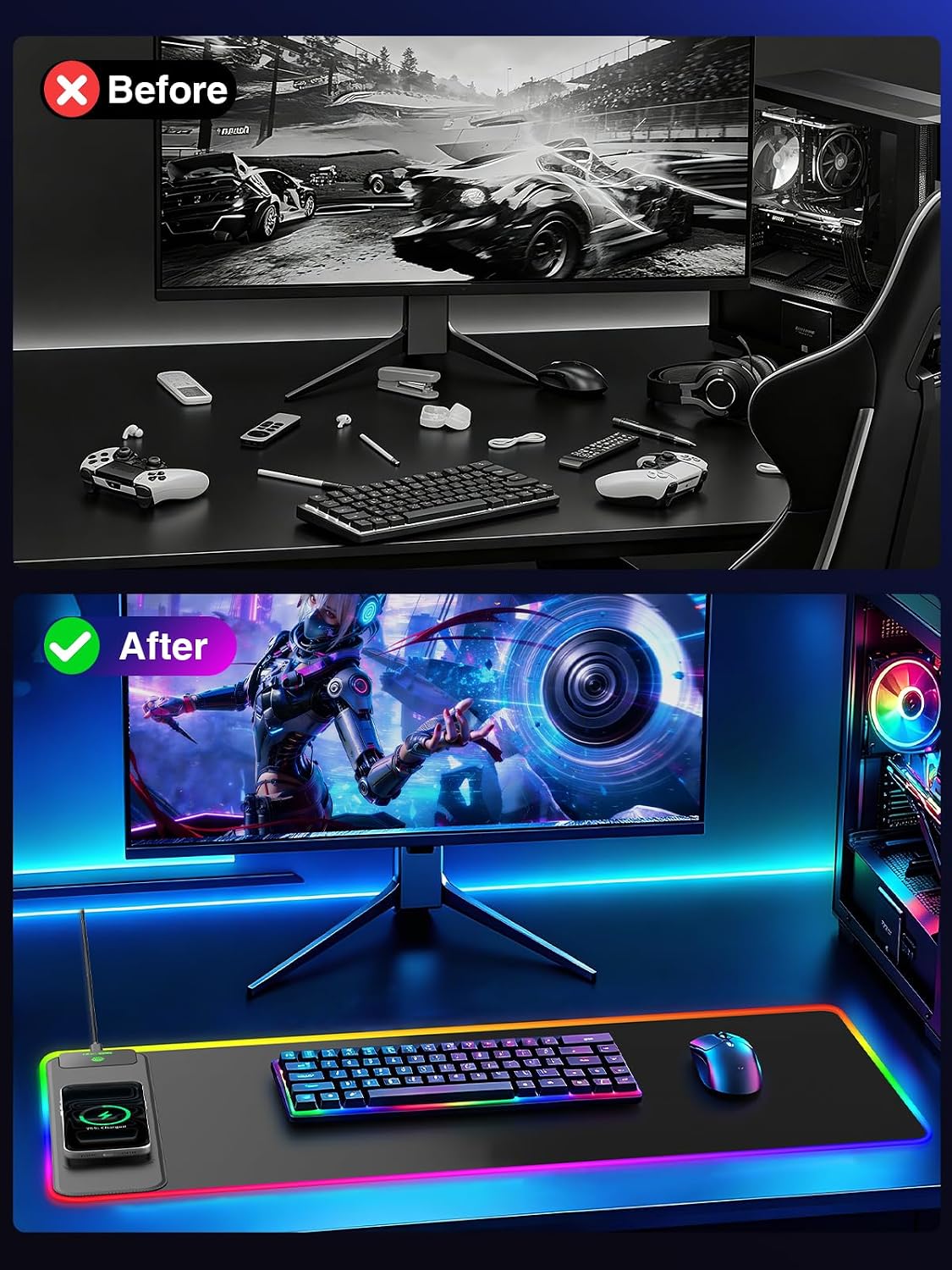 Wireless Charging Mouse Pad Gaming, 31.5"x11.8" Large Desk Mat, Wat...