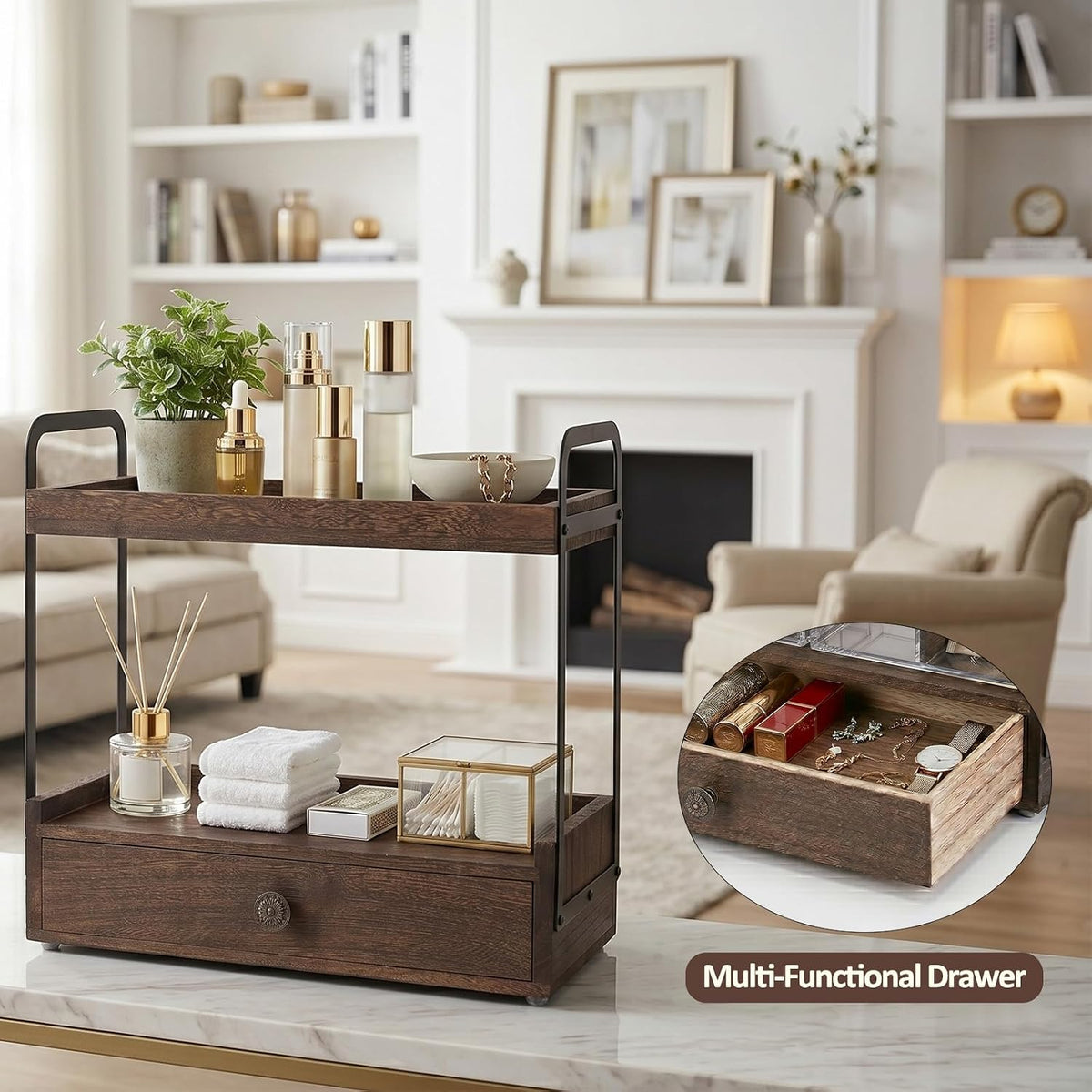 2-Tier Bathroom Counter Organizer with Drawer, Wooden Vanity Countertop Organ...