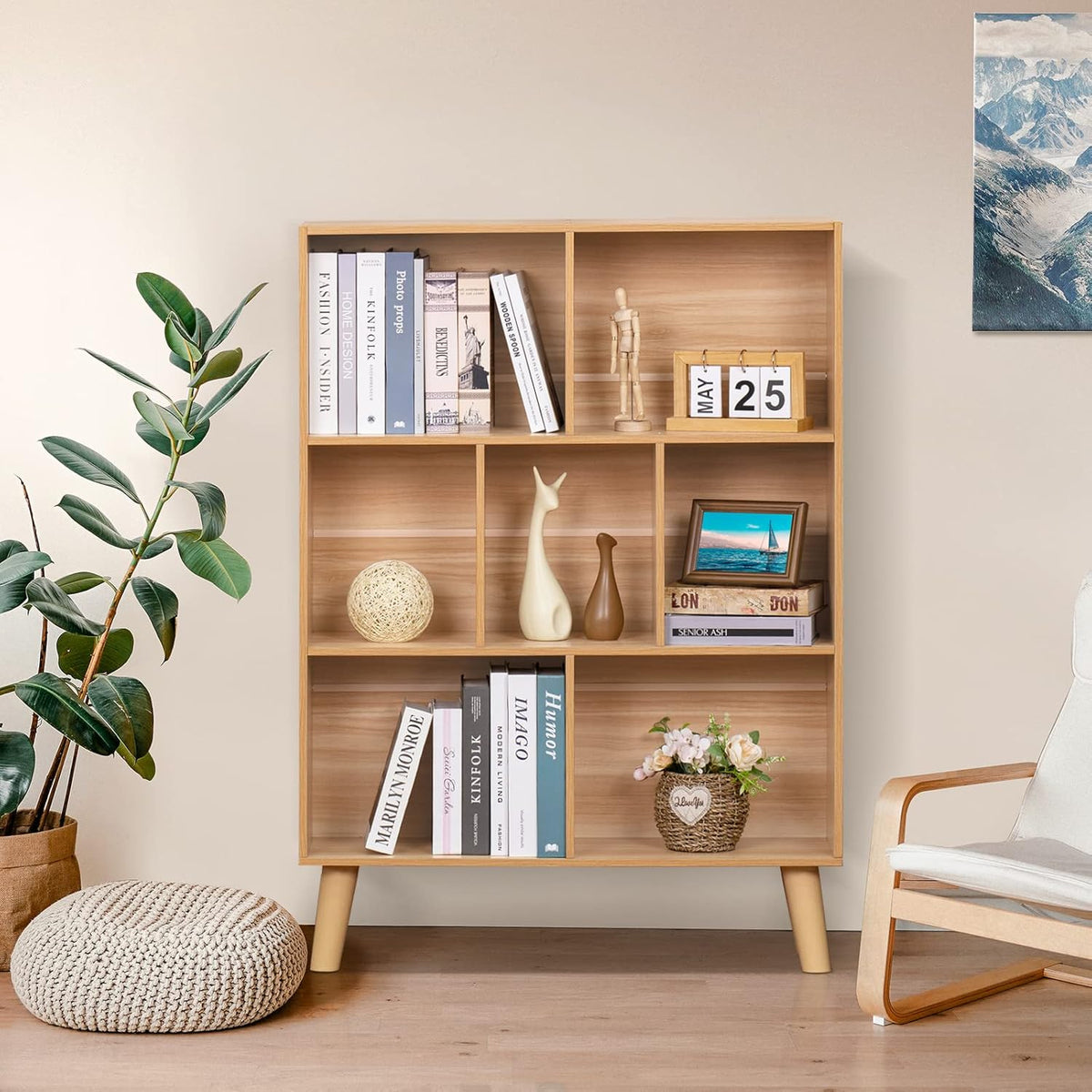LEYAOYAO Cube Book Shelf, Mid-Century Modern Bookshelf with Legs, Natural