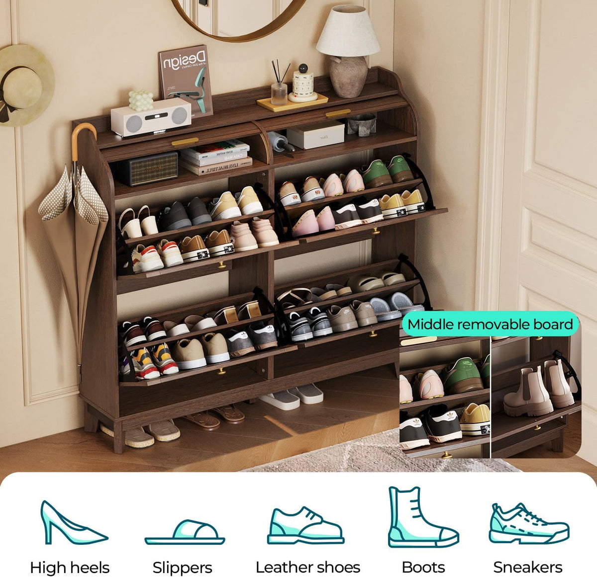 LINSY Shoe Storage Cabinet, Rattan Shoe Cabinet Flip Drawer Shoes Rack Cabine...