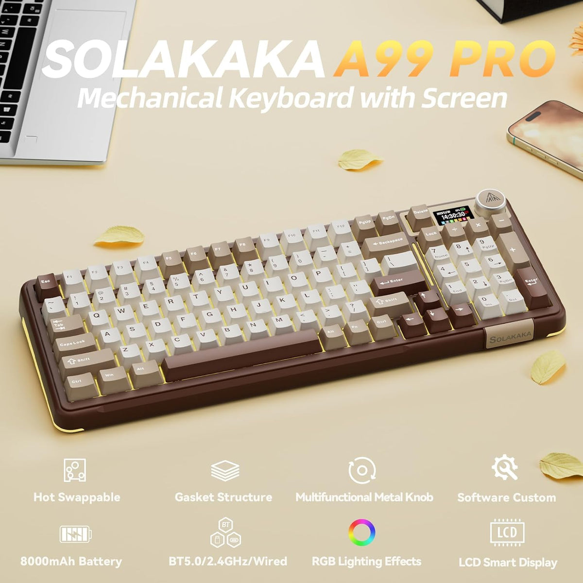 SOLAKAKA A99 Pro Mechanical Keyboard with LCD Screen & Metal Knob, Wirele...