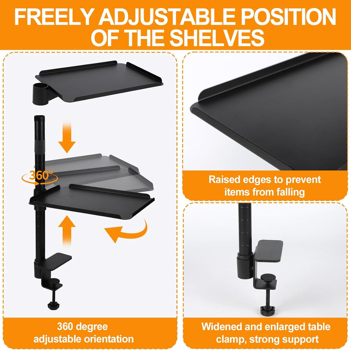 3 Tier Clamp On Desk Shelf,360° Rotatable Adjustable Above or Under Desktop O...