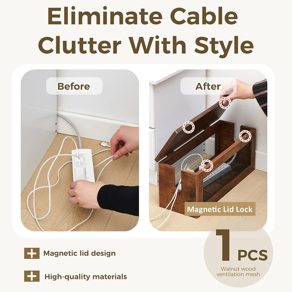 Chunful Extra Large Cable Management Box, 16'' Wood Cord Box Organize...