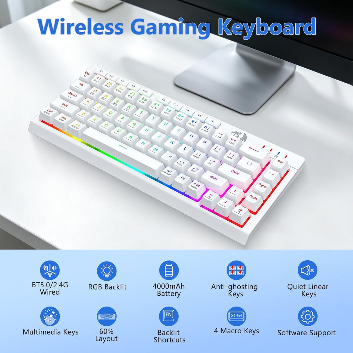 Redragon Wireless Gaming Keyboard and Mouse Combo 60% Portable, White