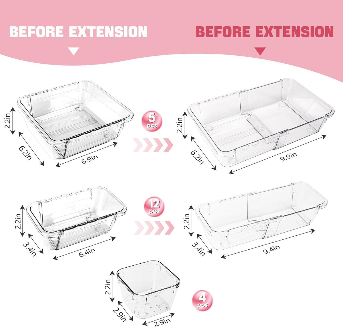 21 PCS Extendable Drawer Organizer Set Clear Stackable Vanity Storage Bins