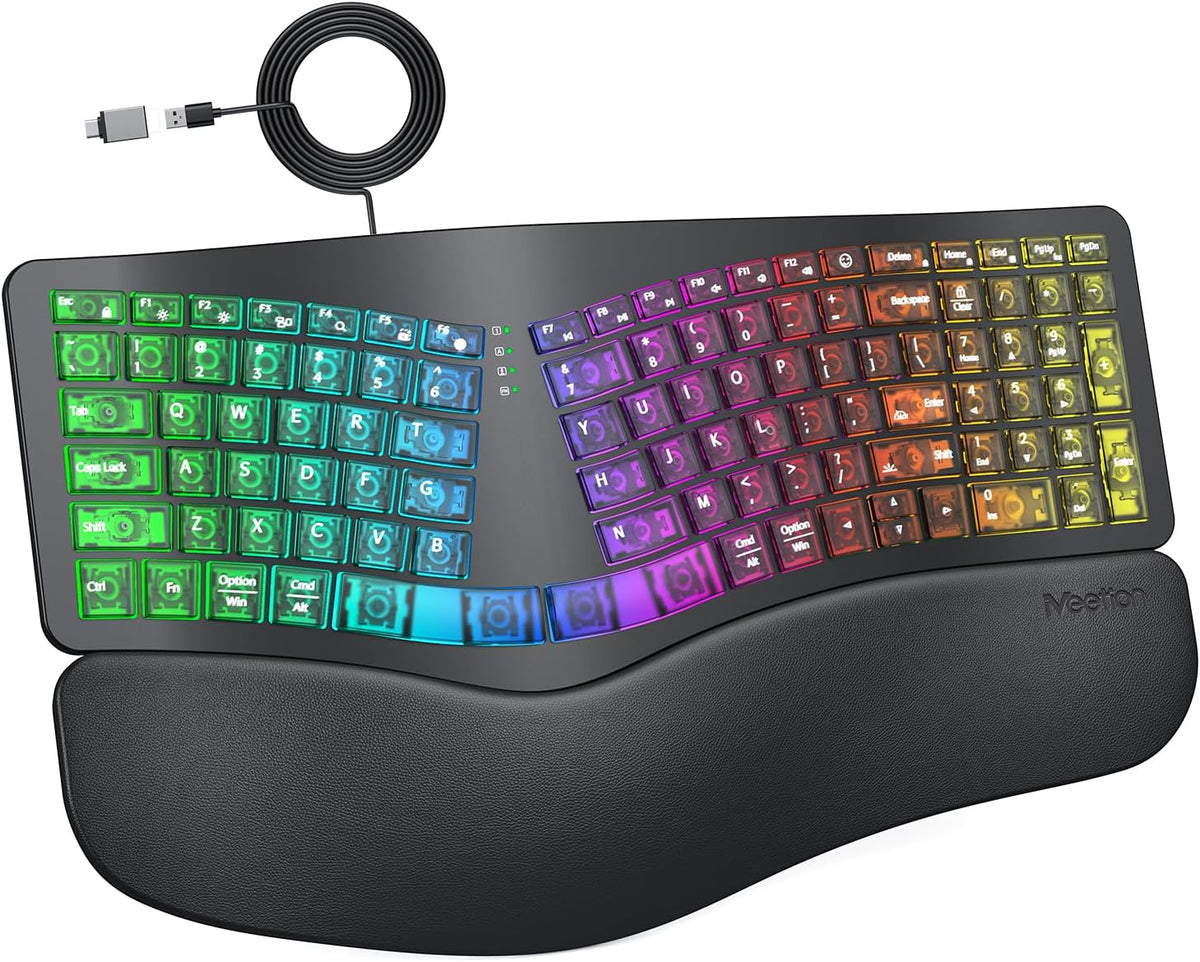 MEETION Wired Ergonomic Keyboard with Backlit Keys and Wrist Rest, Black